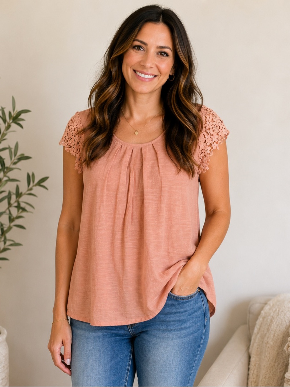 MINE Pleated Crochet-Sleeve Top - Dusty Rose Size M